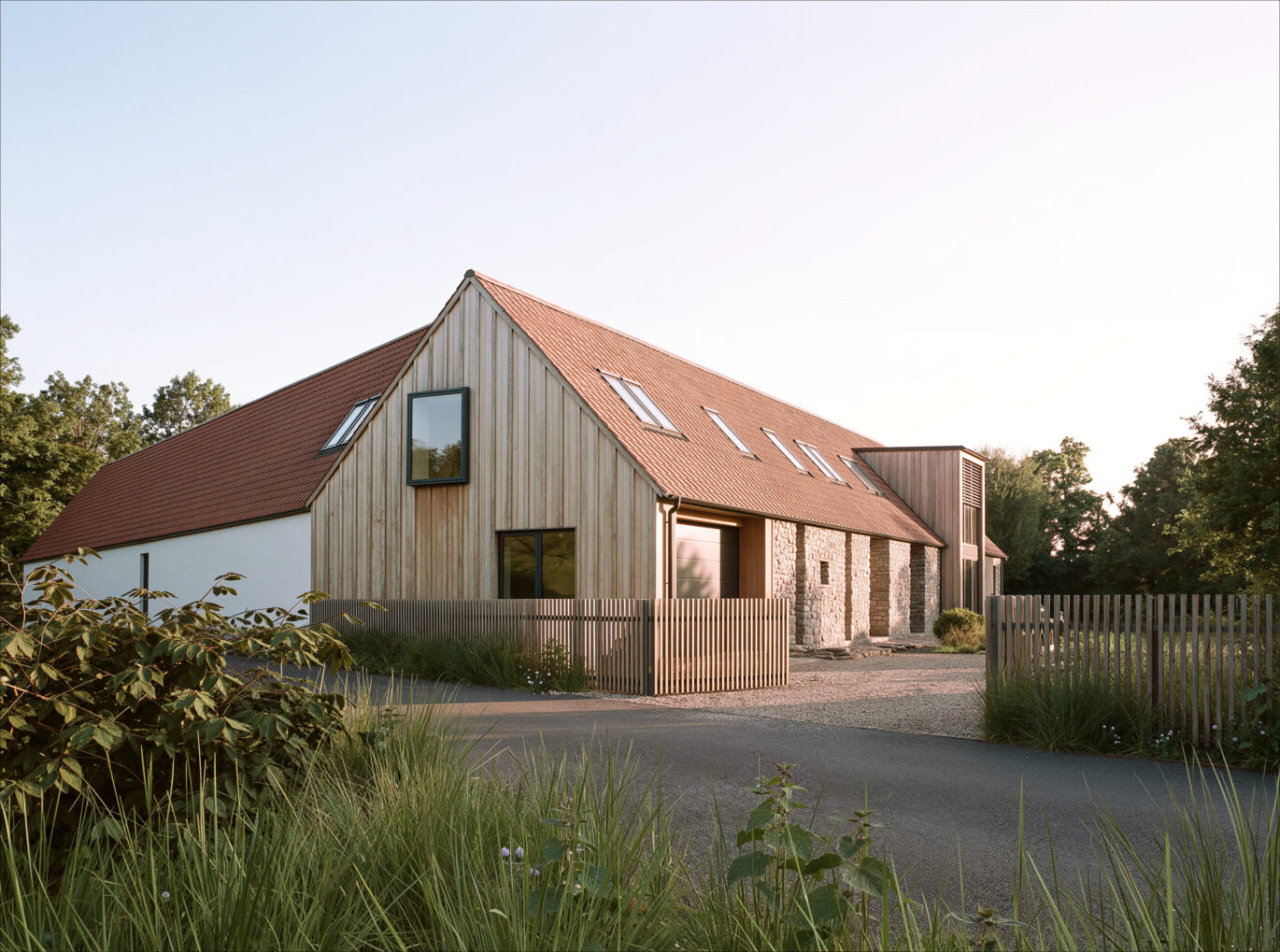 Rodinný dům Tálín, rekonstrukce stodoly s kamenným zdivem, dřevěným obkladem a pálenou střešní krytinou, návrh od architektů z MA Studia