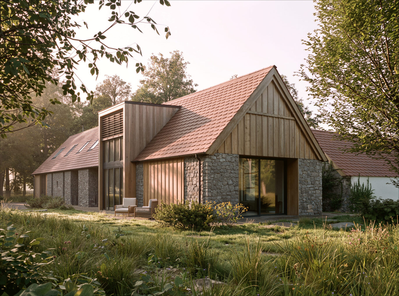 Rodinný dům Tálín ze zahrady, štít s dřevěným obkladem a posezením na terase, návrh od architektů z MA Studia