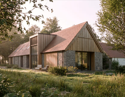Rodinný dům Tálín ze zahrady, štít s dřevěným obkladem a posezením na terase, návrh od architektů z MA Studia