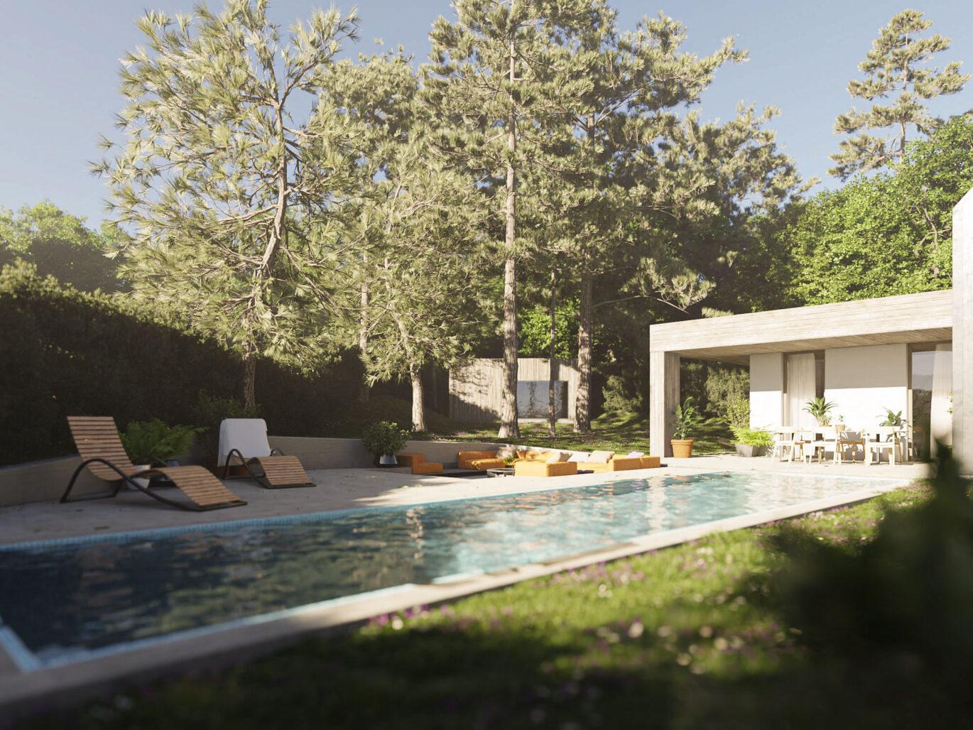 Moderní zahrada rodinného domu s bazénem