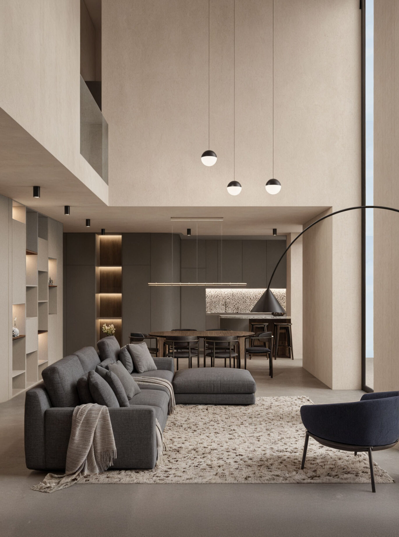Moderní obývací pokoj s rohovou šedou sedačkou, modrým křeslem, minimalistickou knihovnou a televizí, doplněný decentním ambientním osvětlením.