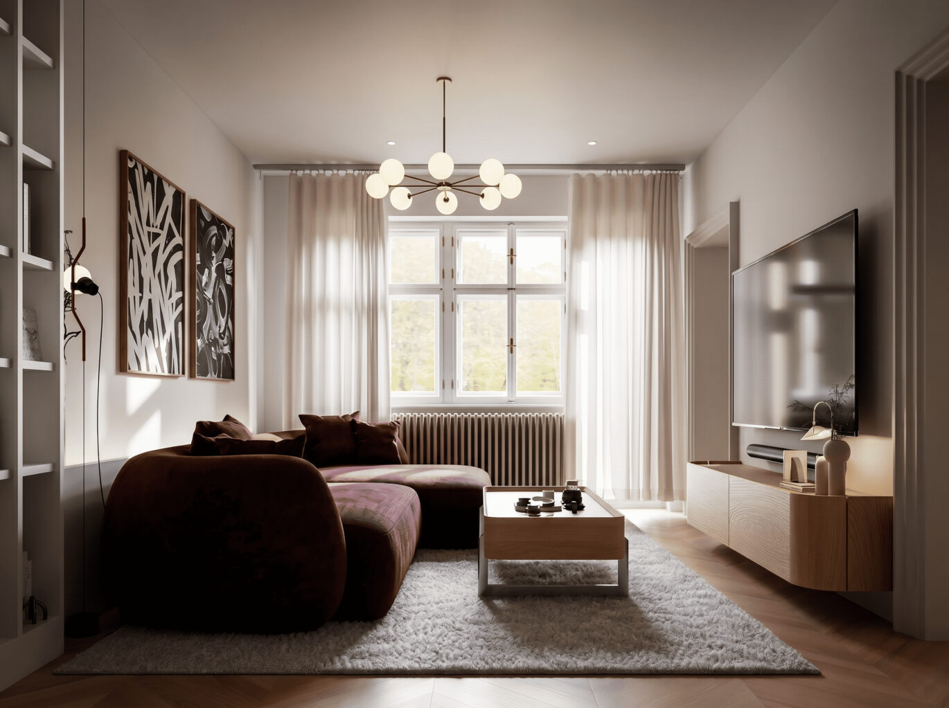 Obývací pokoj bytu na Praze 2 s vínovou pohovkou, návrh od architektů z MA Studia