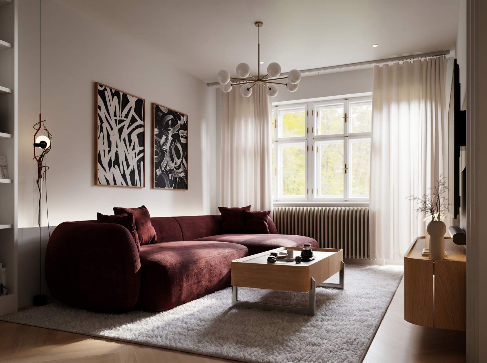 Obývací pokoj bytu na Novém Městě, návrh od architektů z MA Studia