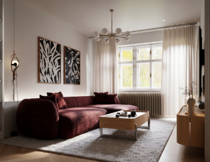 Obývací pokoj bytu na Novém Městě, návrh od architektů z MA Studia