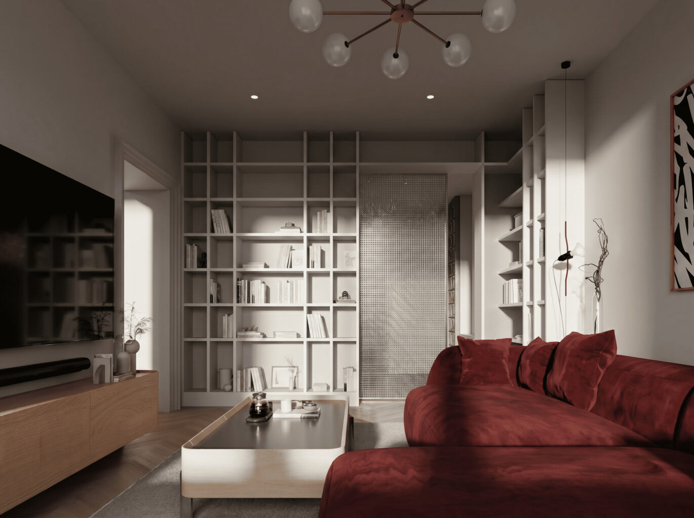 Obývací pokoj bytu na Praze 2 s bílou knihovnou a luxferovou stěnou, návrh od architektů z MA Studia