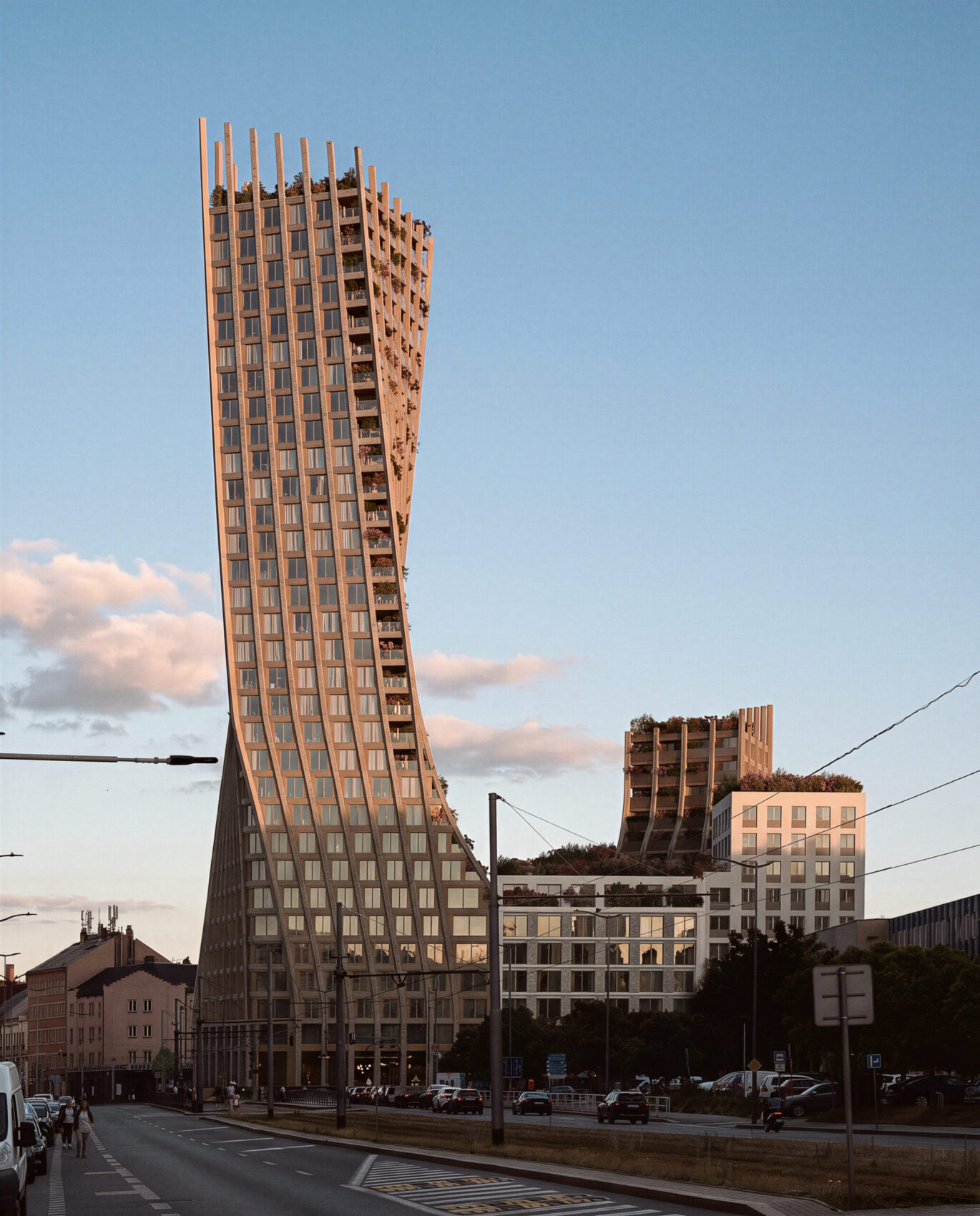 Harfa Towers z ulice, výšková dominanta v pražské Harfě