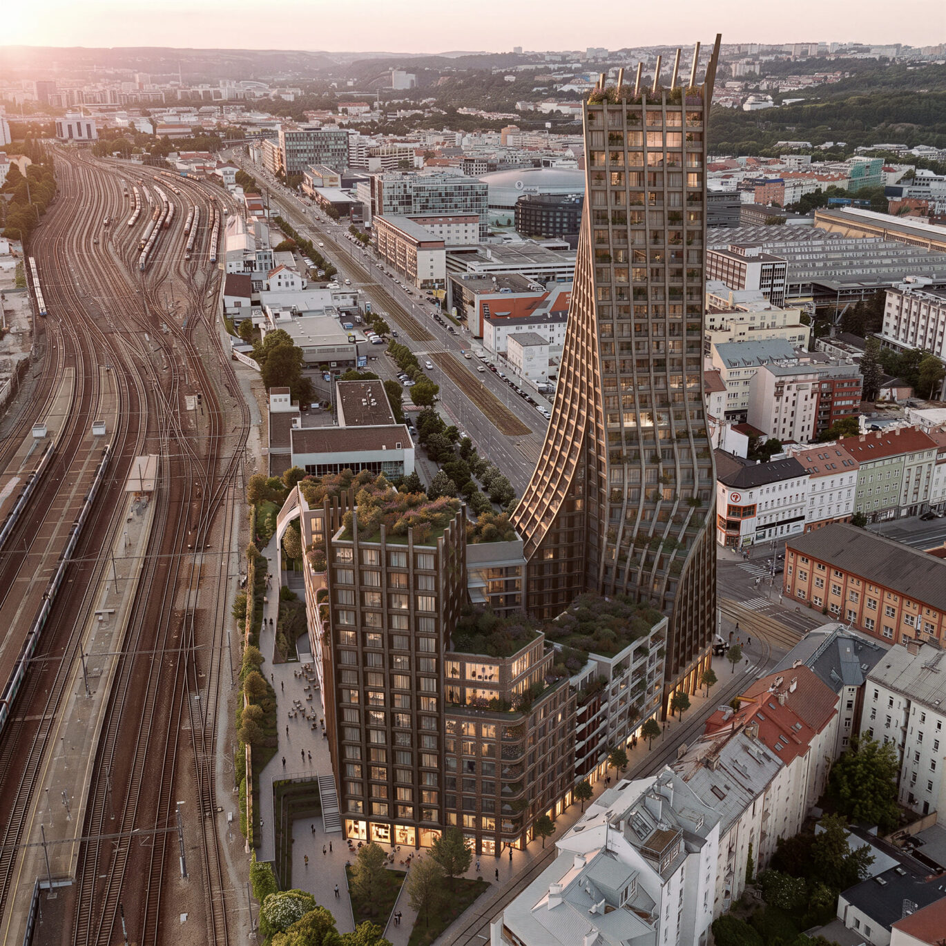Soutěžní návrh Harfa Towers ve Vysočanech, věž inspirovaná křivkami kolejí, letecký pohled nad tratí Praha-Libeň