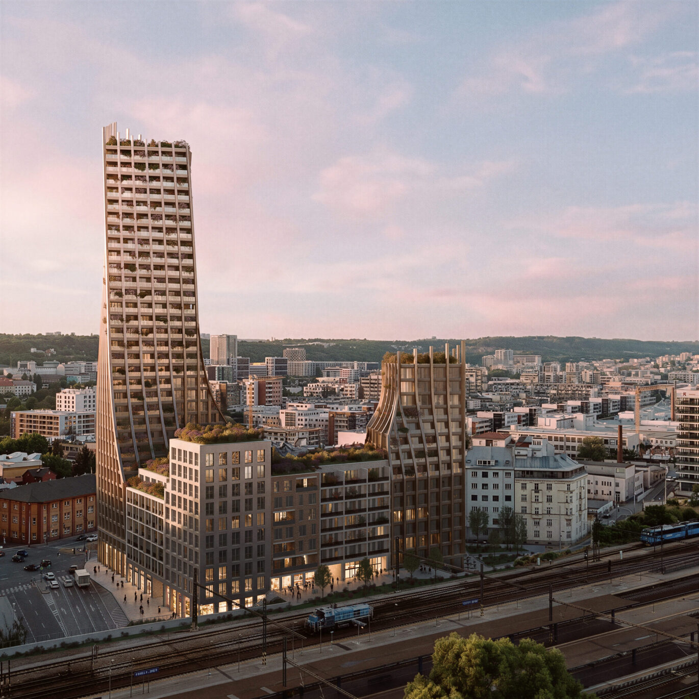 Situace projektu Harfa Towers s napojením na nádraží Praha-Libeň