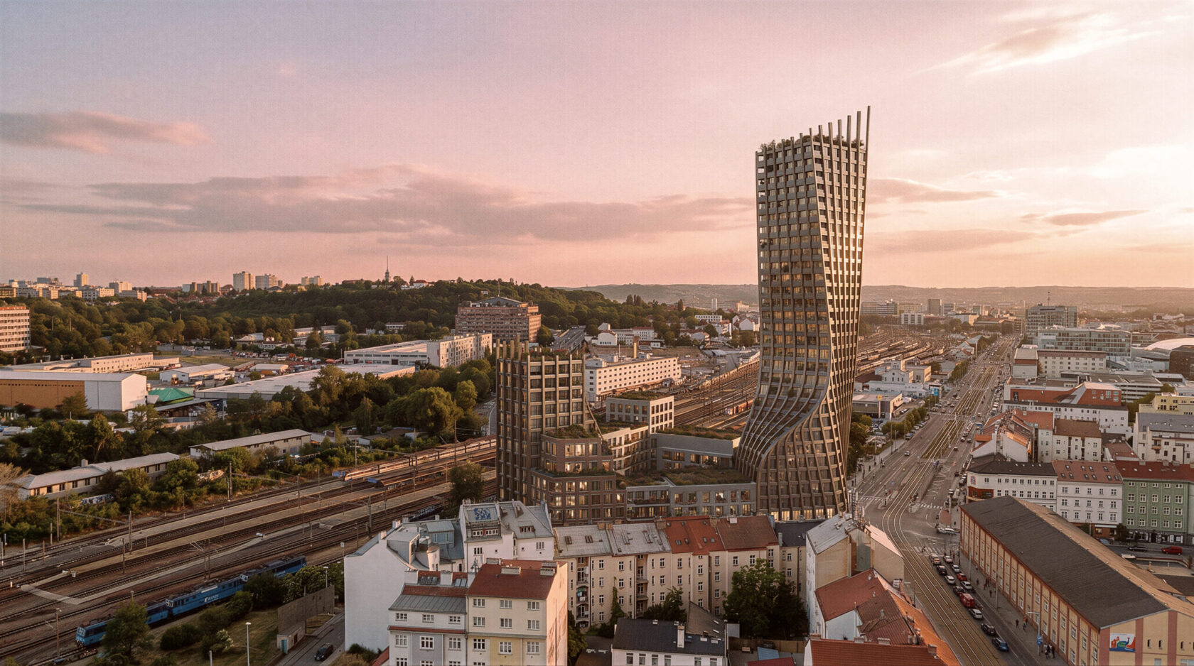 Harfa Towers: rotace věží podle kolejové harfy