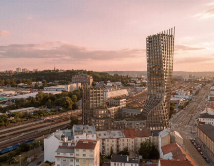 Harfa Towers: rotace věží podle kolejové harfy
