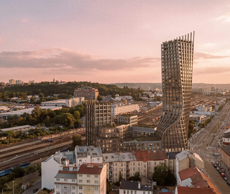 Harfa Towers: rotace věží podle kolejové harfy