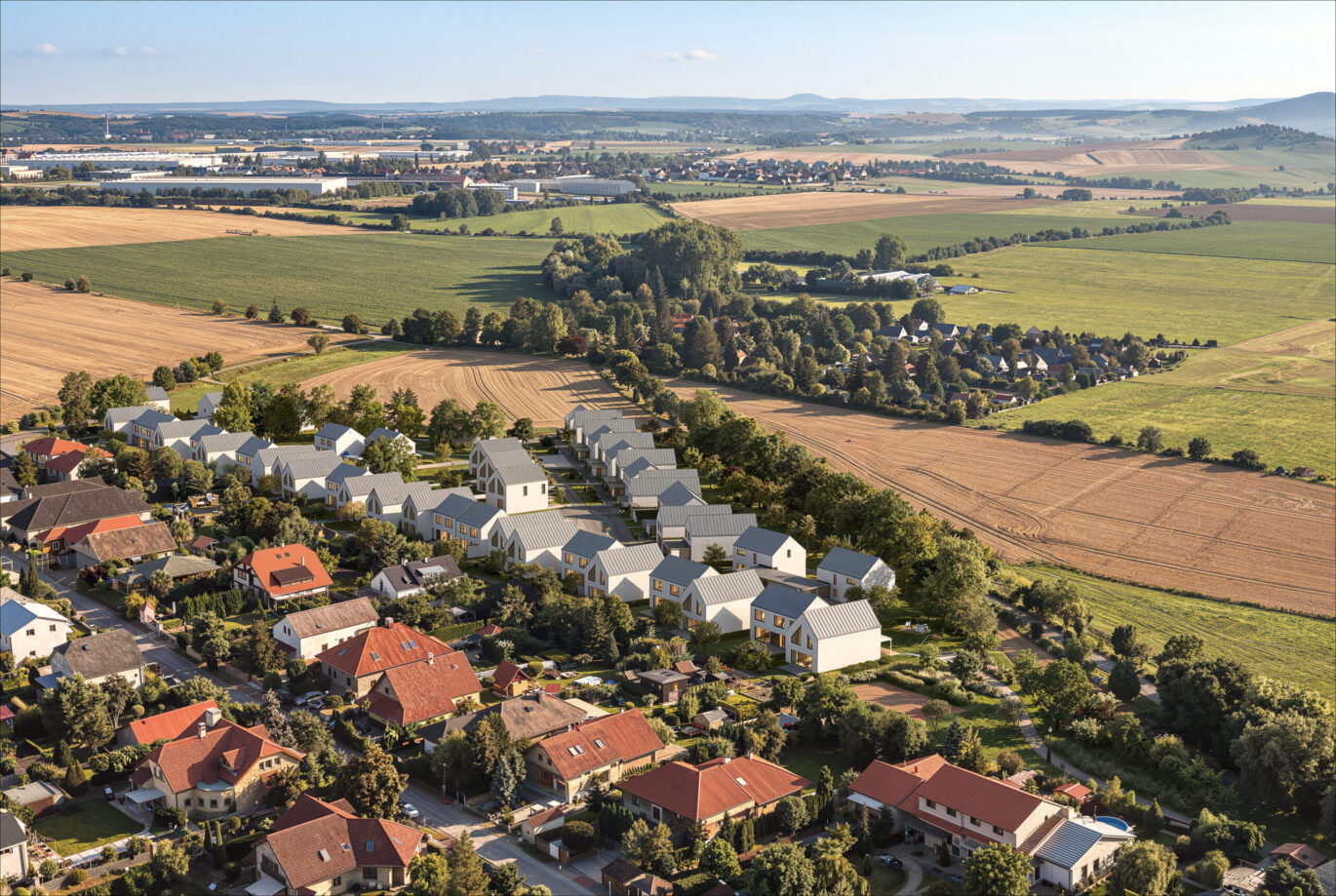 Letecký pohled na rezidenční soubor staveb Odolena Voda navržený architekty z MA Studia
